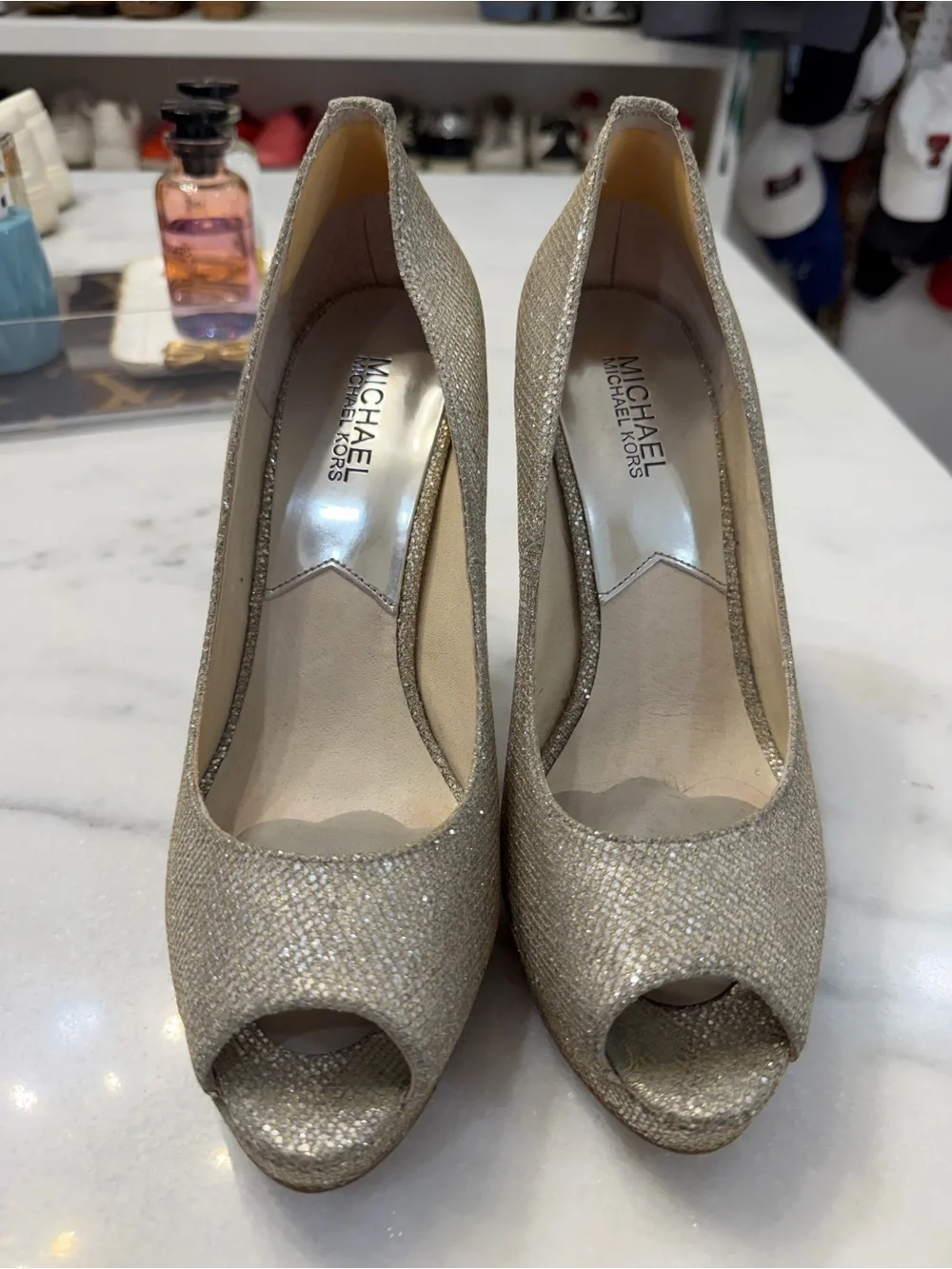 Michael Kors Glittery Gold Peep-Toe Pumps